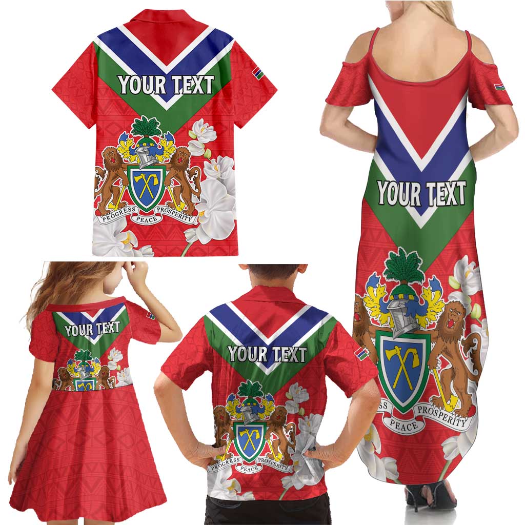 Personalized Gambia Family Matching Summer Maxi Dress and Hawaiian Shirt Coat Of Arms White Variety Orchid
