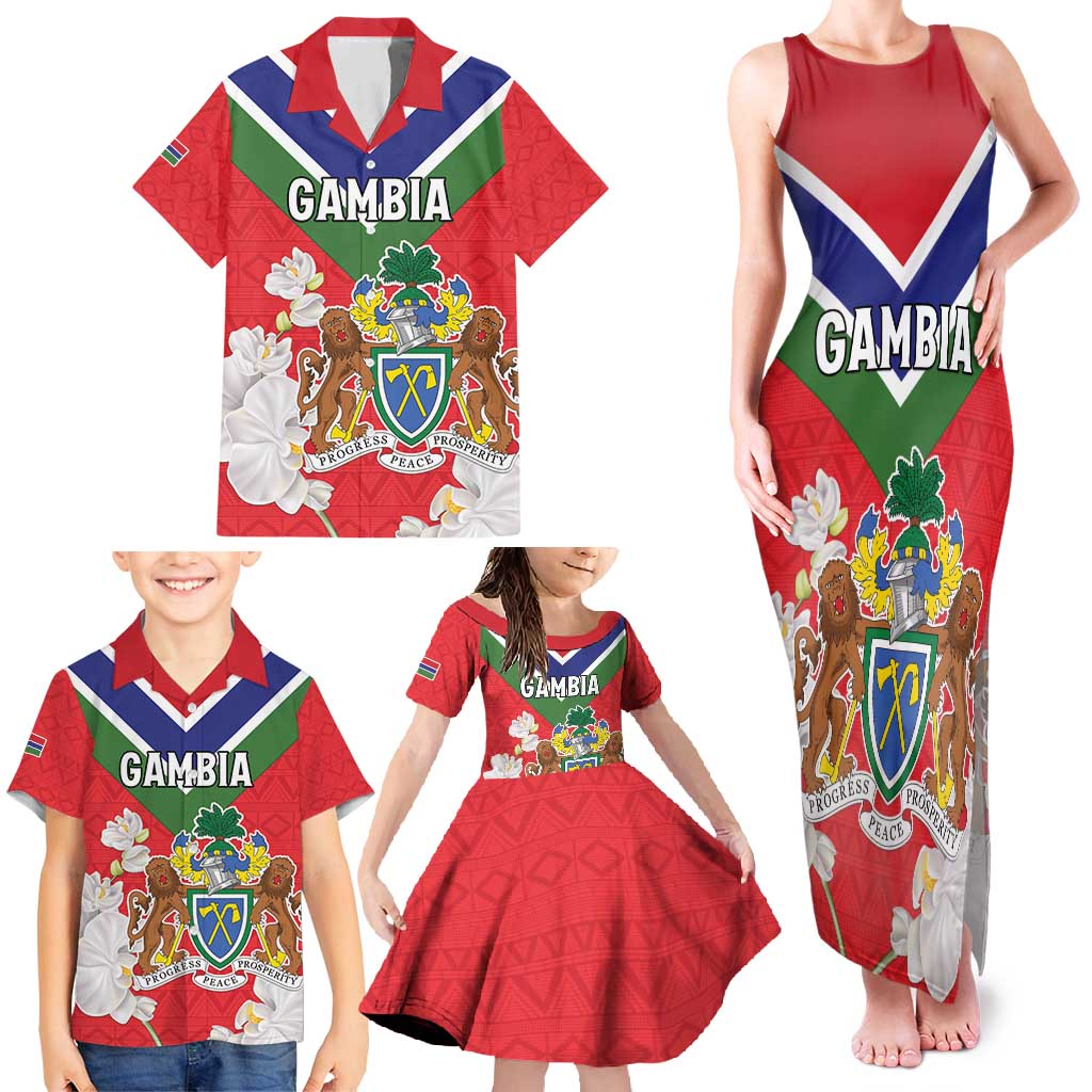 Personalized Gambia Family Matching Tank Maxi Dress and Hawaiian Shirt Coat Of Arms White Variety Orchid