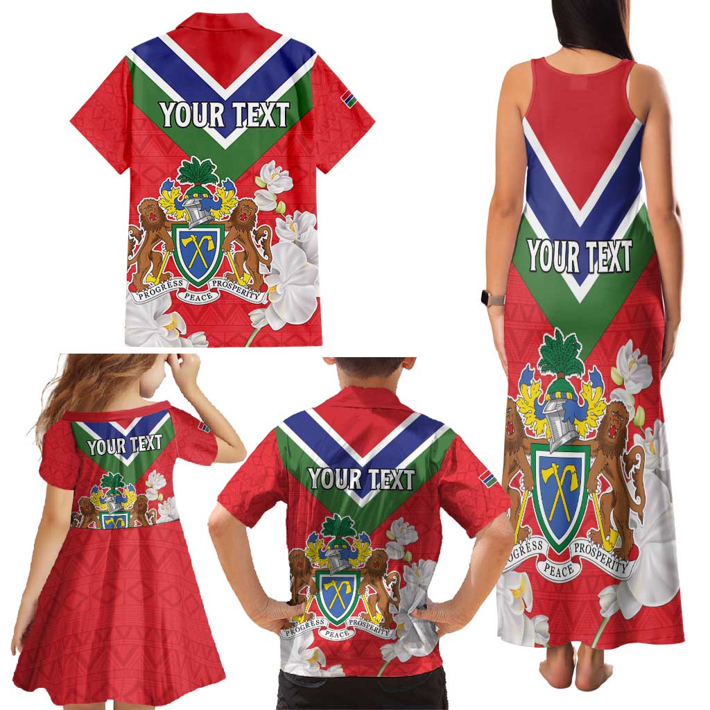 Personalized Gambia Family Matching Tank Maxi Dress and Hawaiian Shirt Coat Of Arms White Variety Orchid