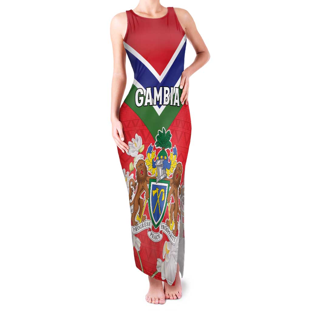 Personalized Gambia Family Matching Tank Maxi Dress and Hawaiian Shirt Coat Of Arms White Variety Orchid