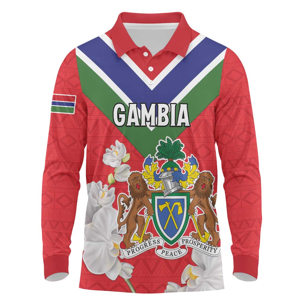 Personalized Gambia Long Sleeve Polo Shirt Coat Of Arms White Variety Orchid