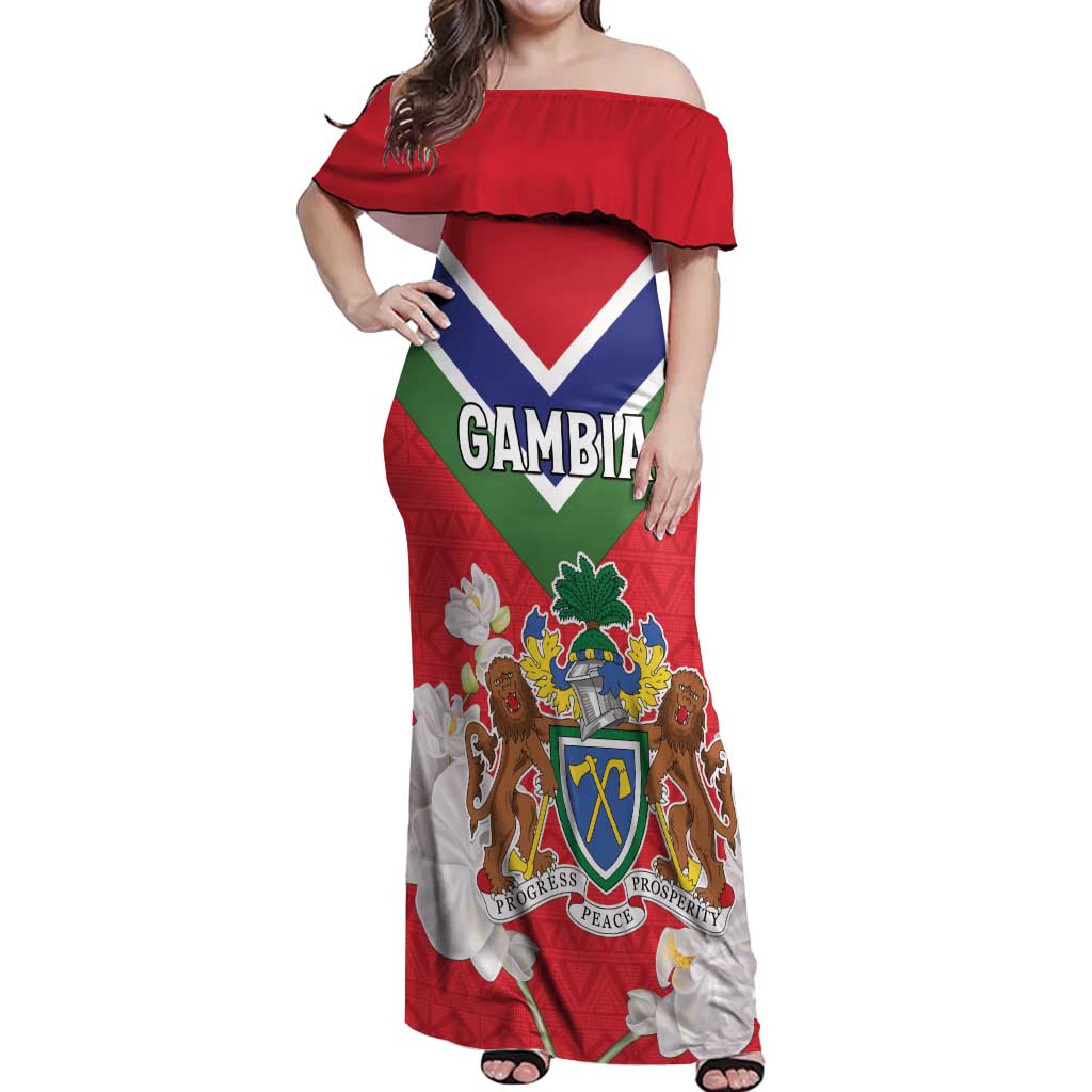 Personalized Gambia Off Shoulder Maxi Dress Coat Of Arms White Variety Orchid