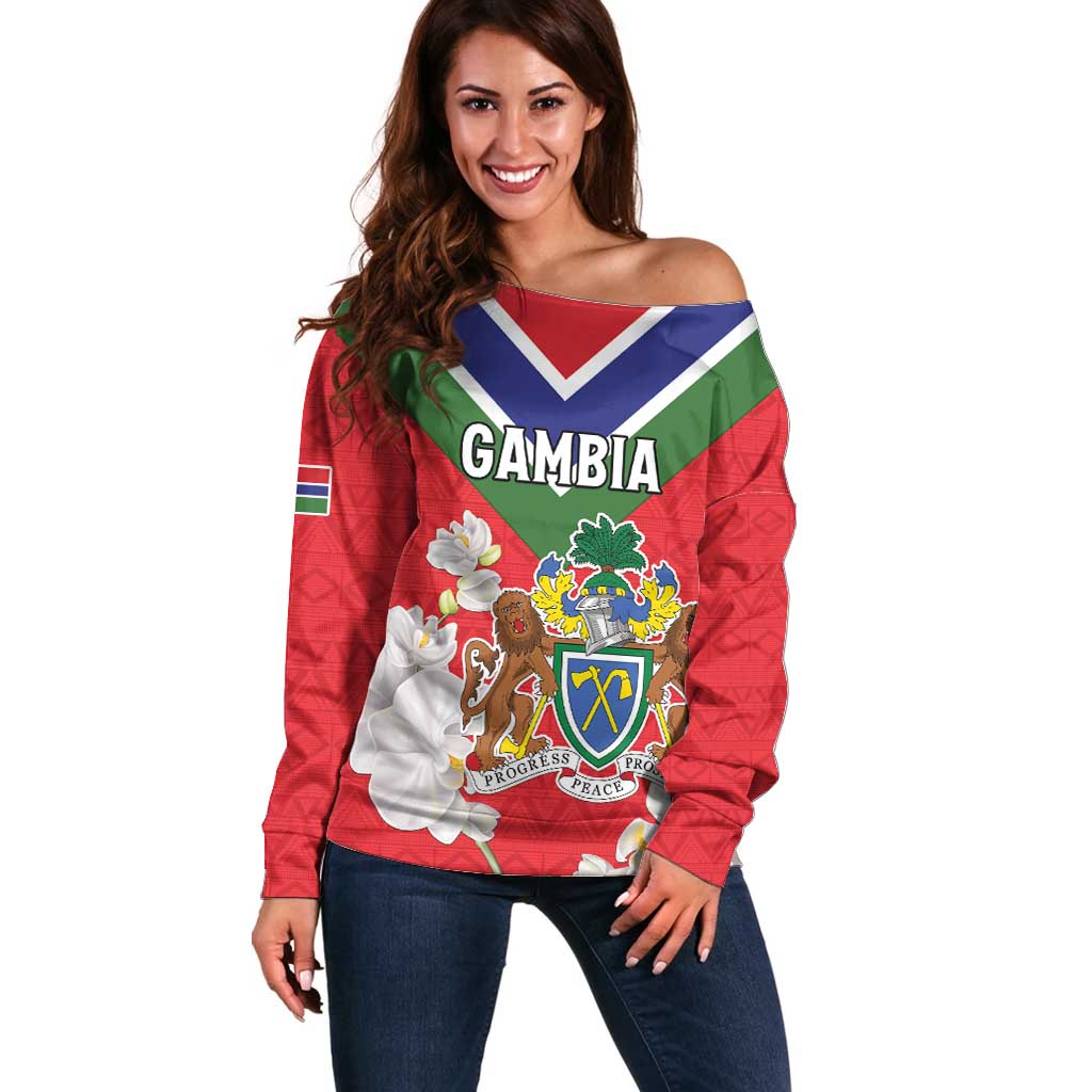 Personalized Gambia Off Shoulder Sweater Coat Of Arms White Variety Orchid