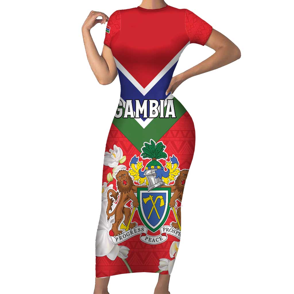 Personalized Gambia Short Sleeve Bodycon Dress Coat Of Arms White Variety Orchid