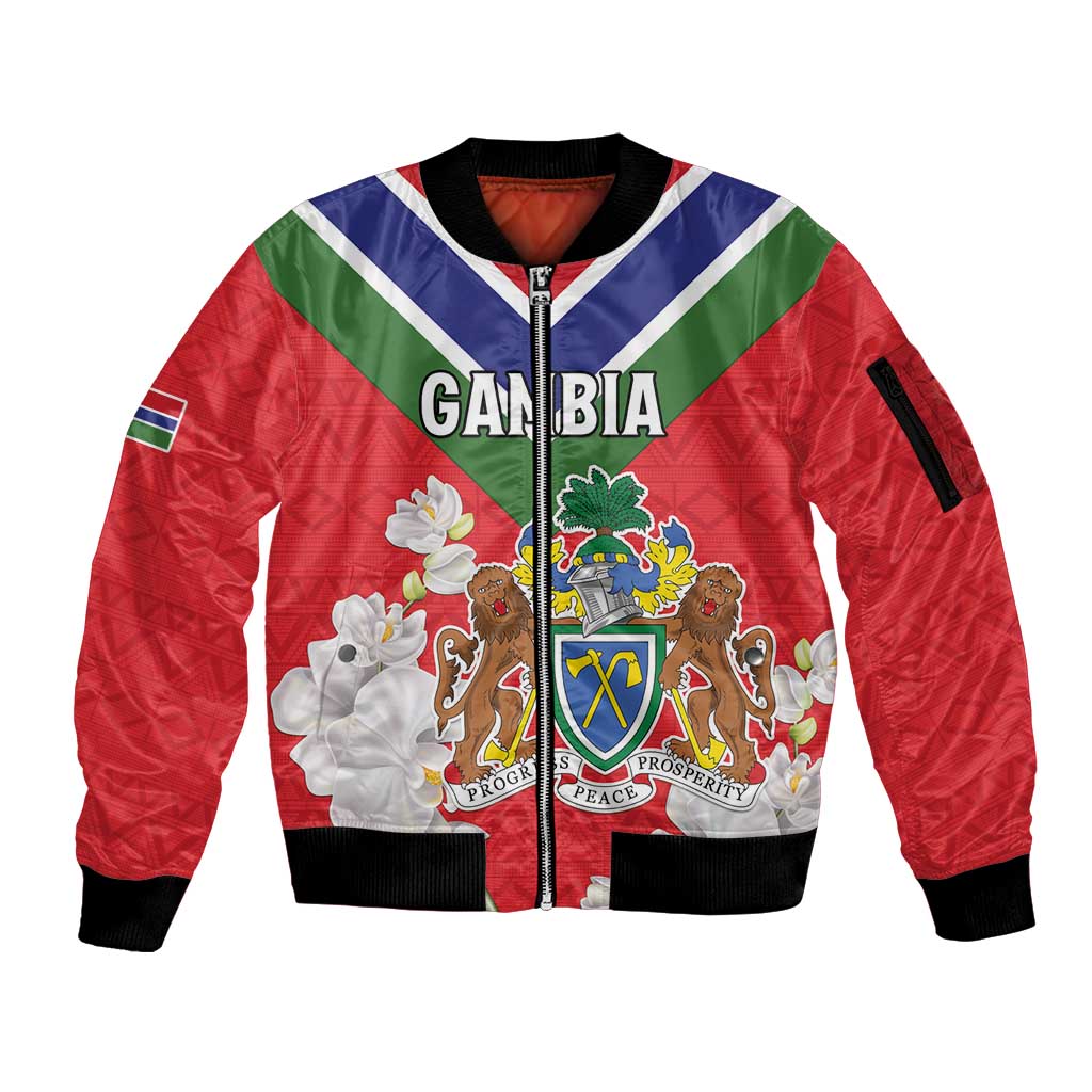 Personalized Gambia Sleeve Zip Bomber Jacket Coat Of Arms White Variety Orchid
