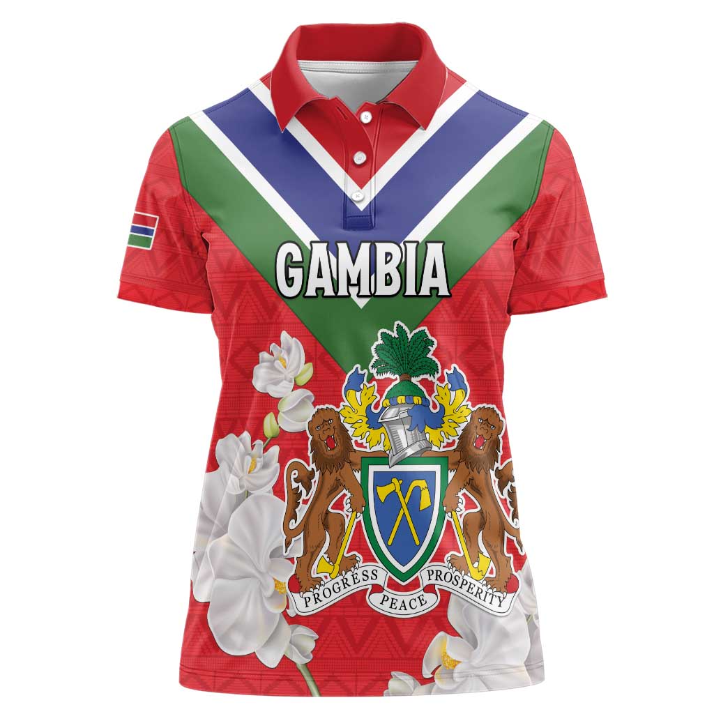 Personalized Gambia Women Polo Shirt Coat Of Arms White Variety Orchid
