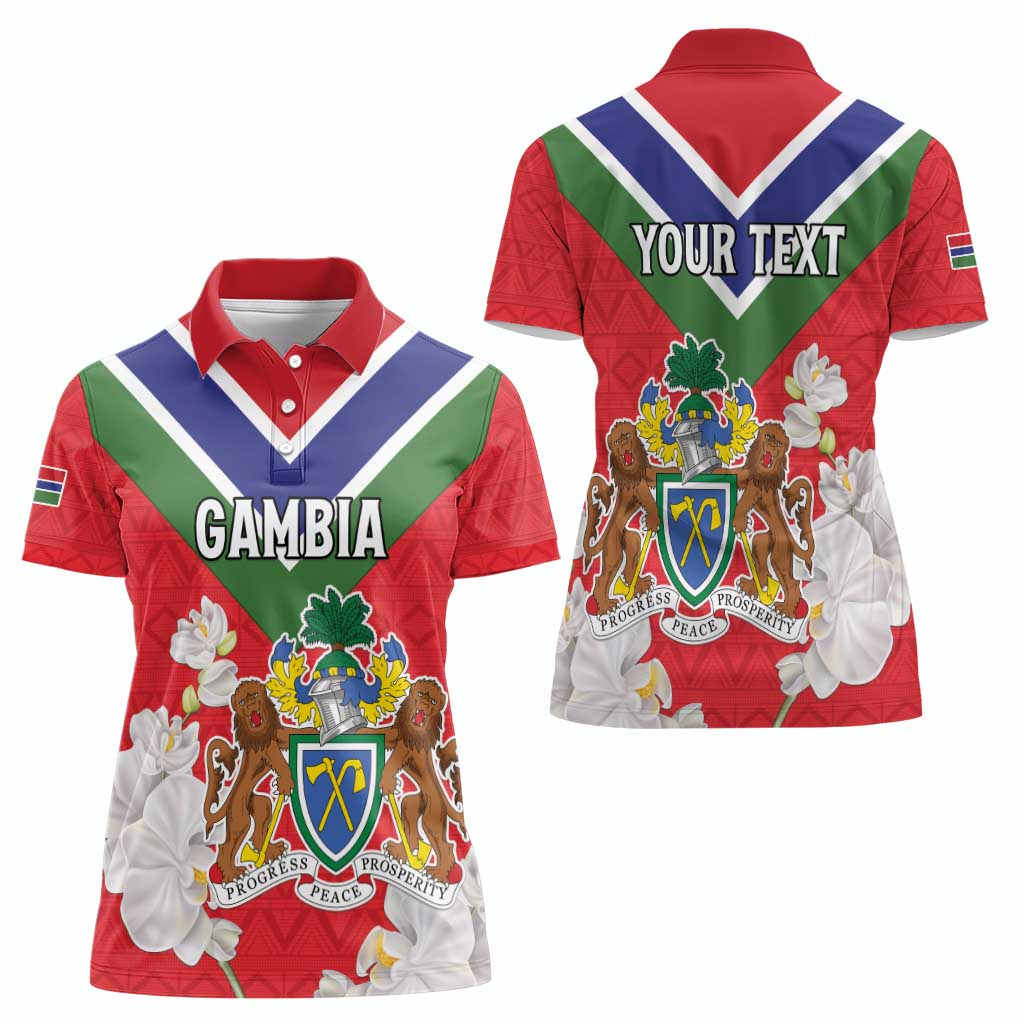 Personalized Gambia Women Polo Shirt Coat Of Arms White Variety Orchid
