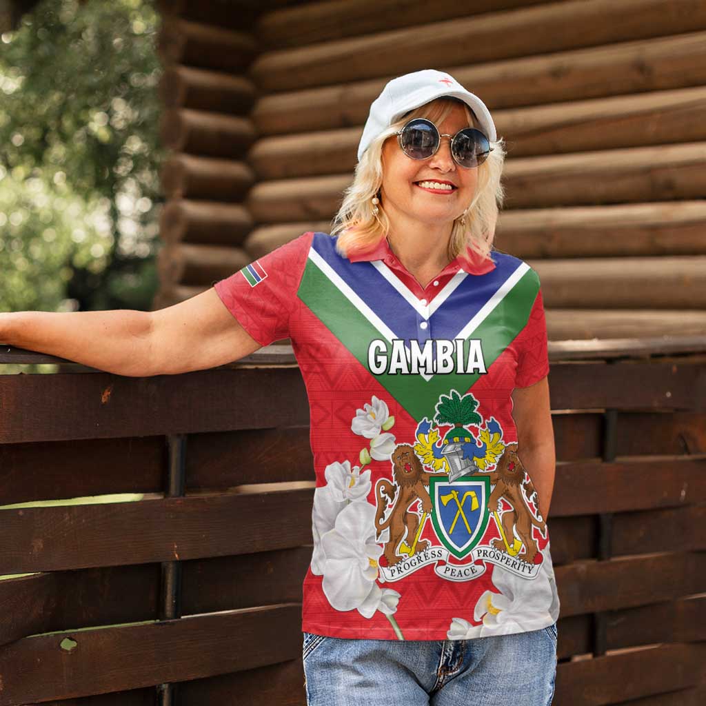 Personalized Gambia Women Polo Shirt Coat Of Arms White Variety Orchid