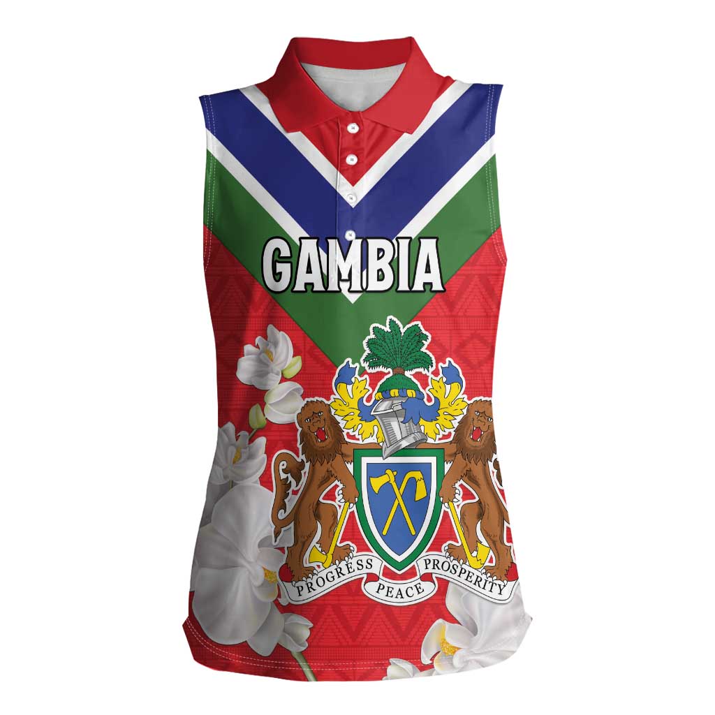 Personalized Gambia Women Sleeveless Polo Shirt Coat Of Arms White Variety Orchid
