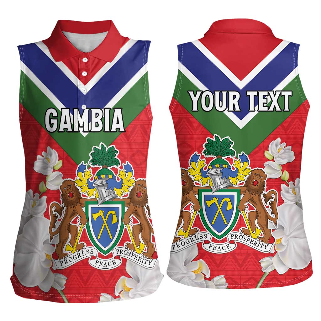 Personalized Gambia Women Sleeveless Polo Shirt Coat Of Arms White Variety Orchid