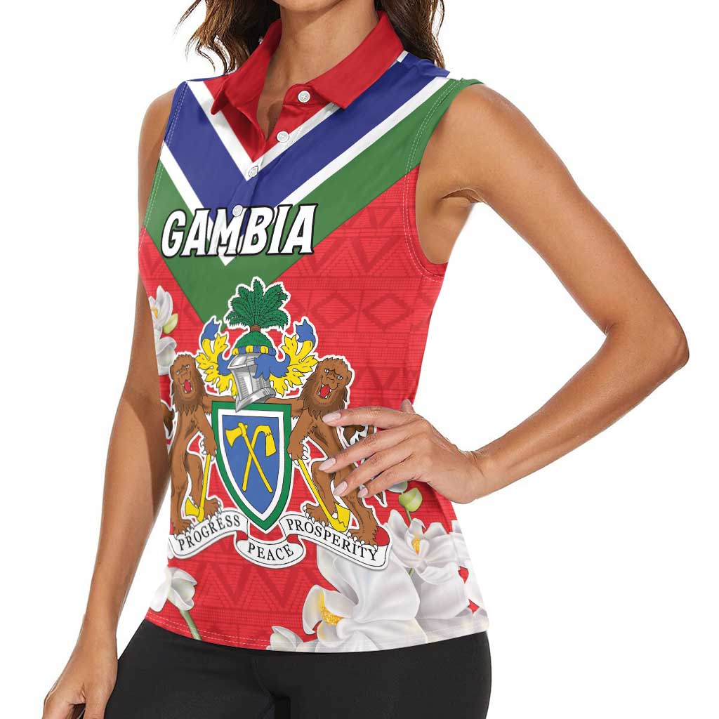 Personalized Gambia Women Sleeveless Polo Shirt Coat Of Arms White Variety Orchid