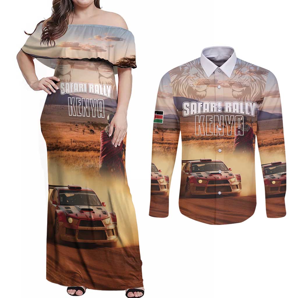 Personalized Kenya Rally Couples Matching Off Shoulder Maxi Dress and Long Sleeve Button Shirt Road To Champions