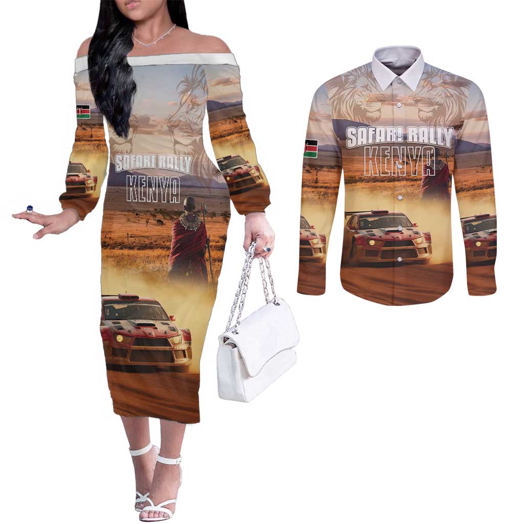Personalized Kenya Rally Couples Matching Off The Shoulder Long Sleeve Dress and Long Sleeve Button Shirt Road To Champions