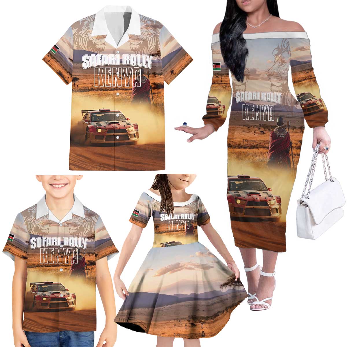 Personalized Kenya Rally Family Matching Off The Shoulder Long Sleeve Dress and Hawaiian Shirt Road To Champions