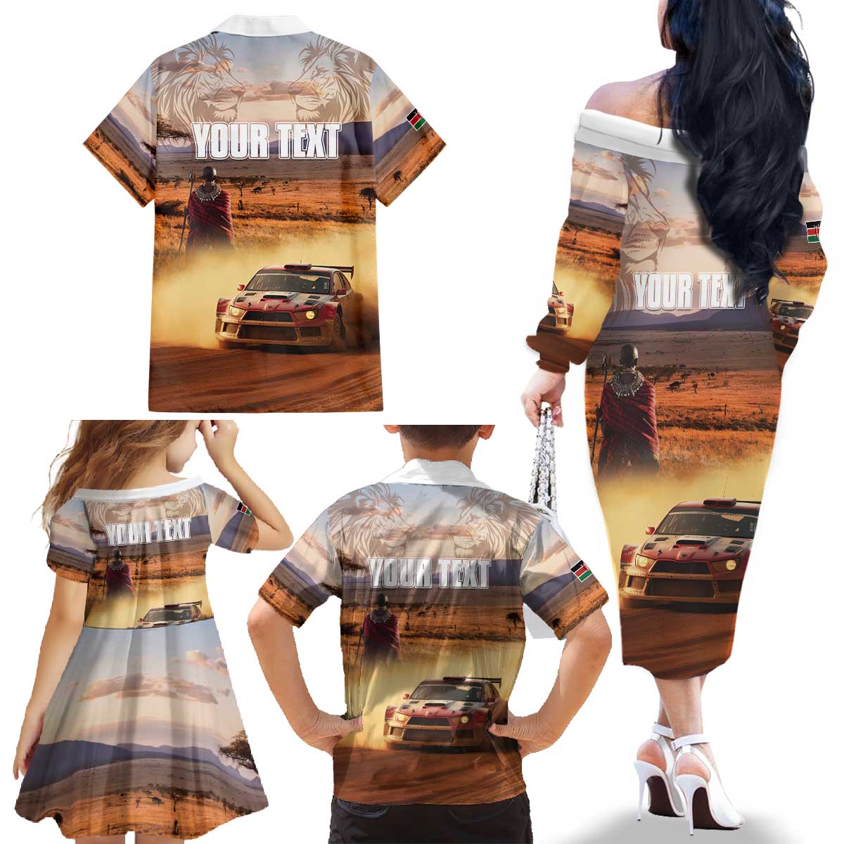 Personalized Kenya Rally Family Matching Off The Shoulder Long Sleeve Dress and Hawaiian Shirt Road To Champions