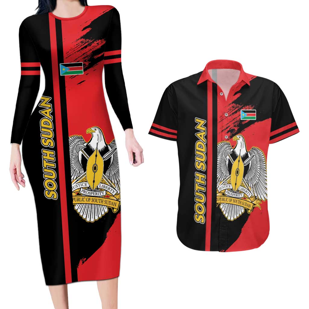 Personalized South Sudan Couples Matching Long Sleeve Bodycon Dress and Hawaiian Shirt Coat Of Arms - Sporty Style