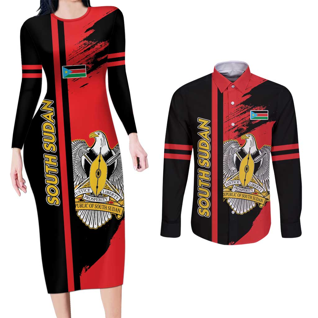 Personalized South Sudan Couples Matching Long Sleeve Bodycon Dress and Long Sleeve Button Shirt Coat Of Arms - Sporty Style