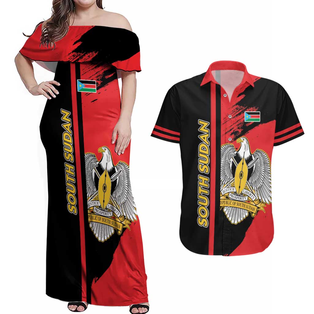 Personalized South Sudan Couples Matching Off Shoulder Maxi Dress and Hawaiian Shirt Coat Of Arms - Sporty Style