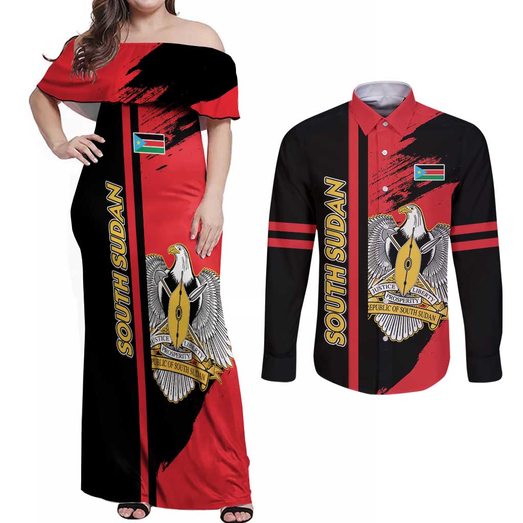 Personalized South Sudan Couples Matching Off Shoulder Maxi Dress and Long Sleeve Button Shirt Coat Of Arms - Sporty Style