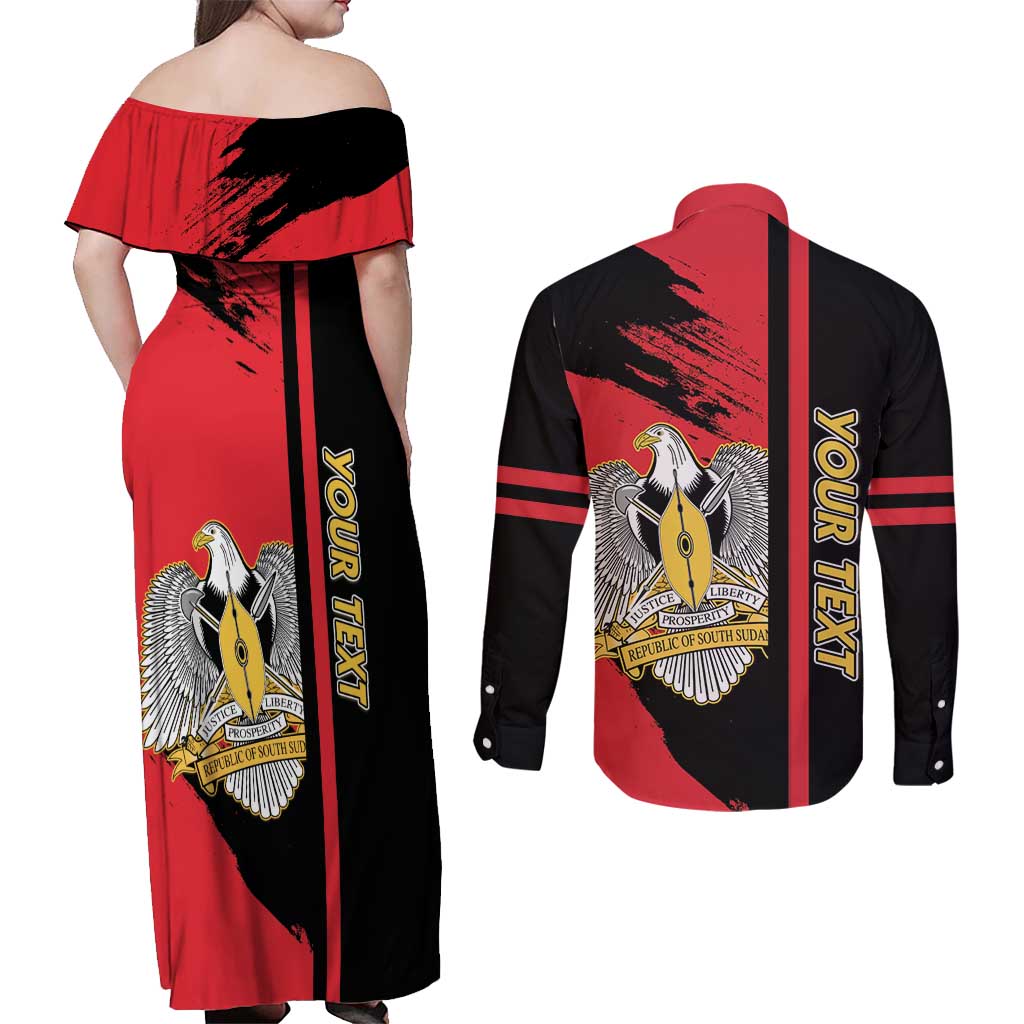 Personalized South Sudan Couples Matching Off Shoulder Maxi Dress and Long Sleeve Button Shirt Coat Of Arms - Sporty Style