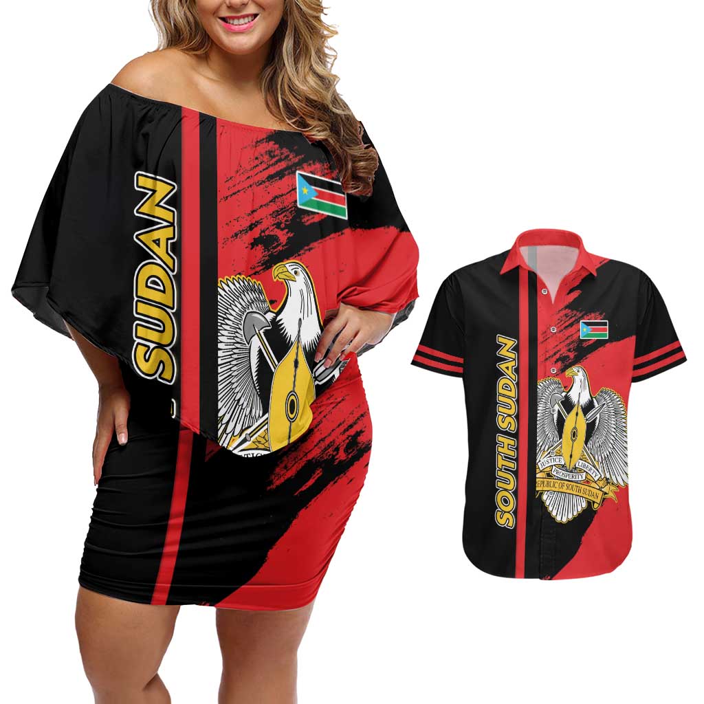 Personalized South Sudan Couples Matching Off Shoulder Short Dress and Hawaiian Shirt Coat Of Arms - Sporty Style