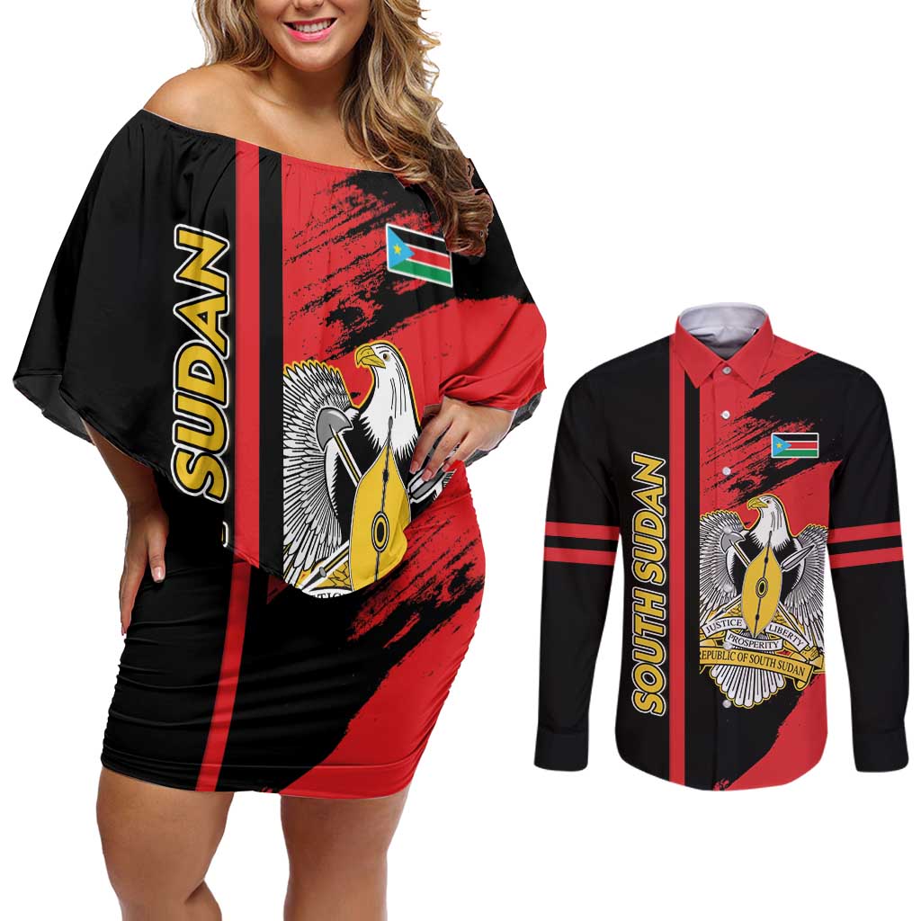 Personalized South Sudan Couples Matching Off Shoulder Short Dress and Long Sleeve Button Shirt Coat Of Arms - Sporty Style