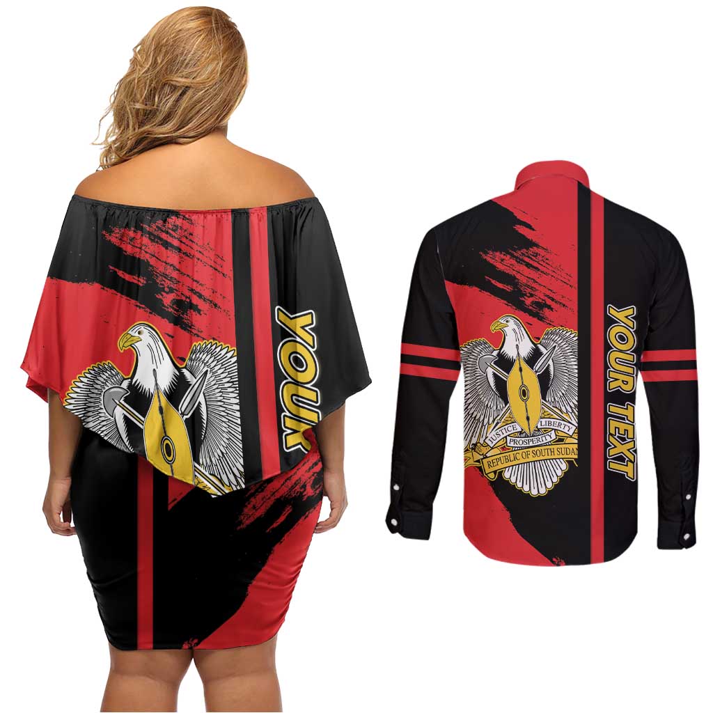 Personalized South Sudan Couples Matching Off Shoulder Short Dress and Long Sleeve Button Shirt Coat Of Arms - Sporty Style