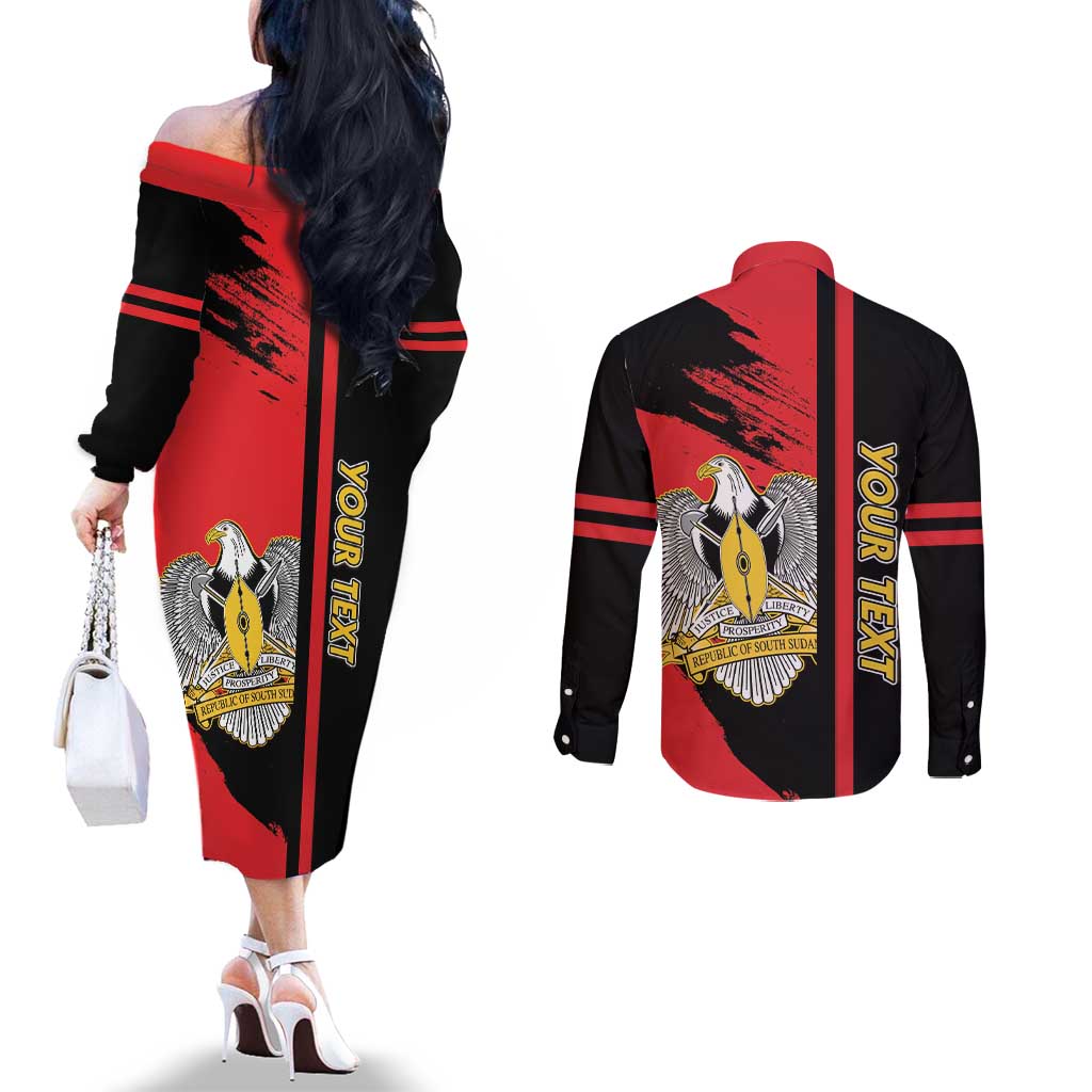 Personalized South Sudan Couples Matching Off The Shoulder Long Sleeve Dress and Long Sleeve Button Shirt Coat Of Arms - Sporty Style