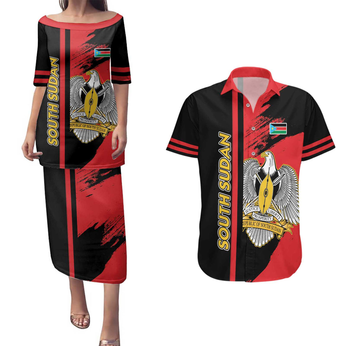 Personalized South Sudan Couples Matching Puletasi and Hawaiian Shirt Coat Of Arms - Sporty Style