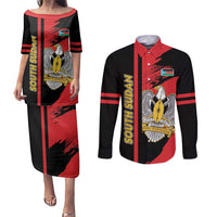 Personalized South Sudan Couples Matching Puletasi and Long Sleeve Button Shirt Coat Of Arms - Sporty Style