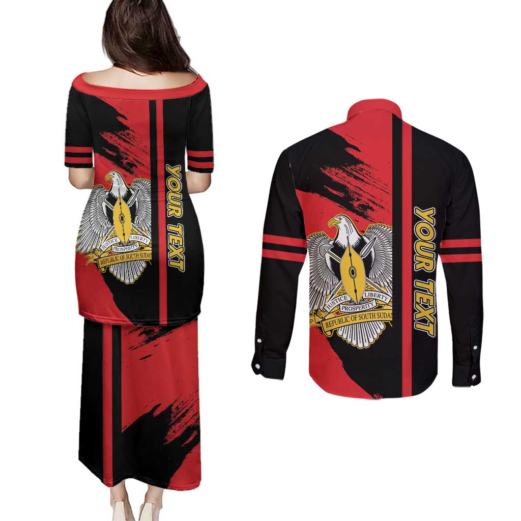 Personalized South Sudan Couples Matching Puletasi and Long Sleeve Button Shirt Coat Of Arms - Sporty Style