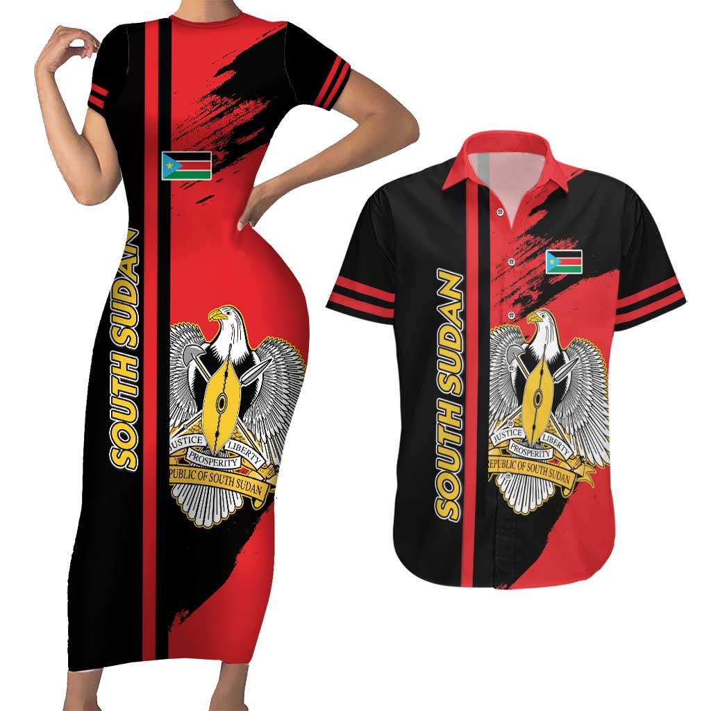Personalized South Sudan Couples Matching Short Sleeve Bodycon Dress and Hawaiian Shirt Coat Of Arms - Sporty Style