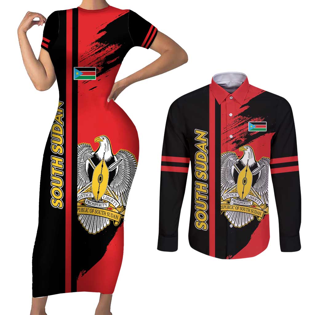Personalized South Sudan Couples Matching Short Sleeve Bodycon Dress and Long Sleeve Button Shirt Coat Of Arms - Sporty Style