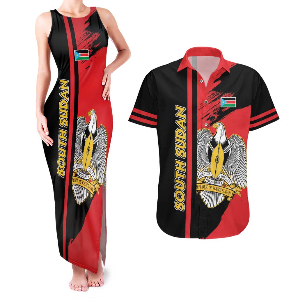 Personalized South Sudan Couples Matching Tank Maxi Dress and Hawaiian Shirt Coat Of Arms - Sporty Style