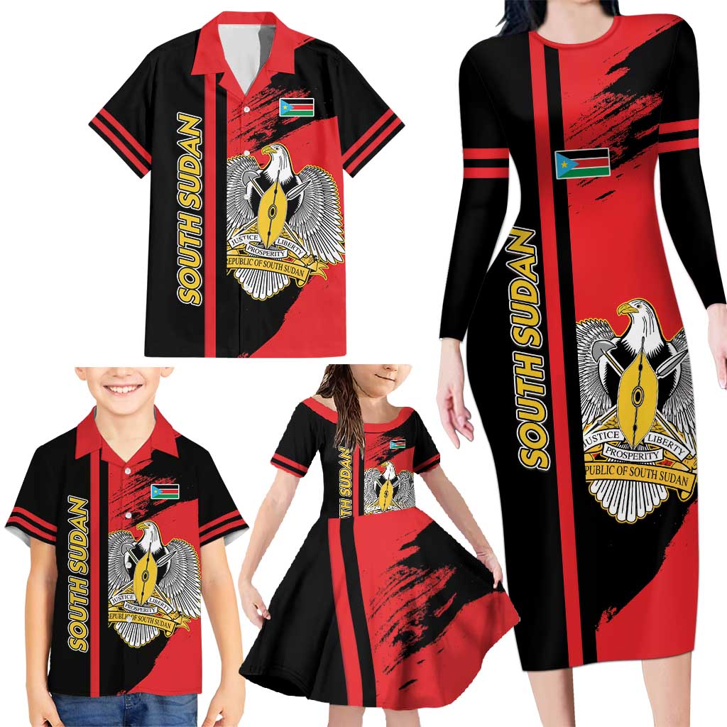Personalized South Sudan Family Matching Long Sleeve Bodycon Dress and Hawaiian Shirt Coat Of Arms - Sporty Style