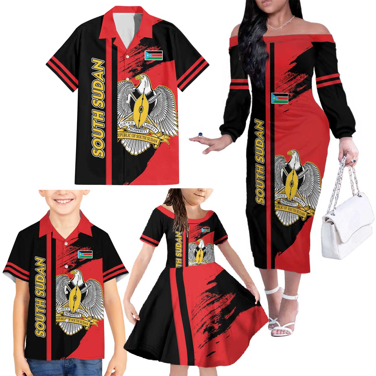 Personalized South Sudan Family Matching Off The Shoulder Long Sleeve Dress and Hawaiian Shirt Coat Of Arms - Sporty Style