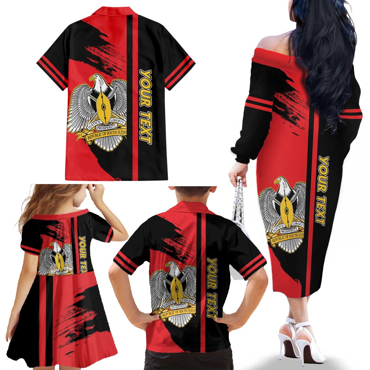 Personalized South Sudan Family Matching Off The Shoulder Long Sleeve Dress and Hawaiian Shirt Coat Of Arms - Sporty Style