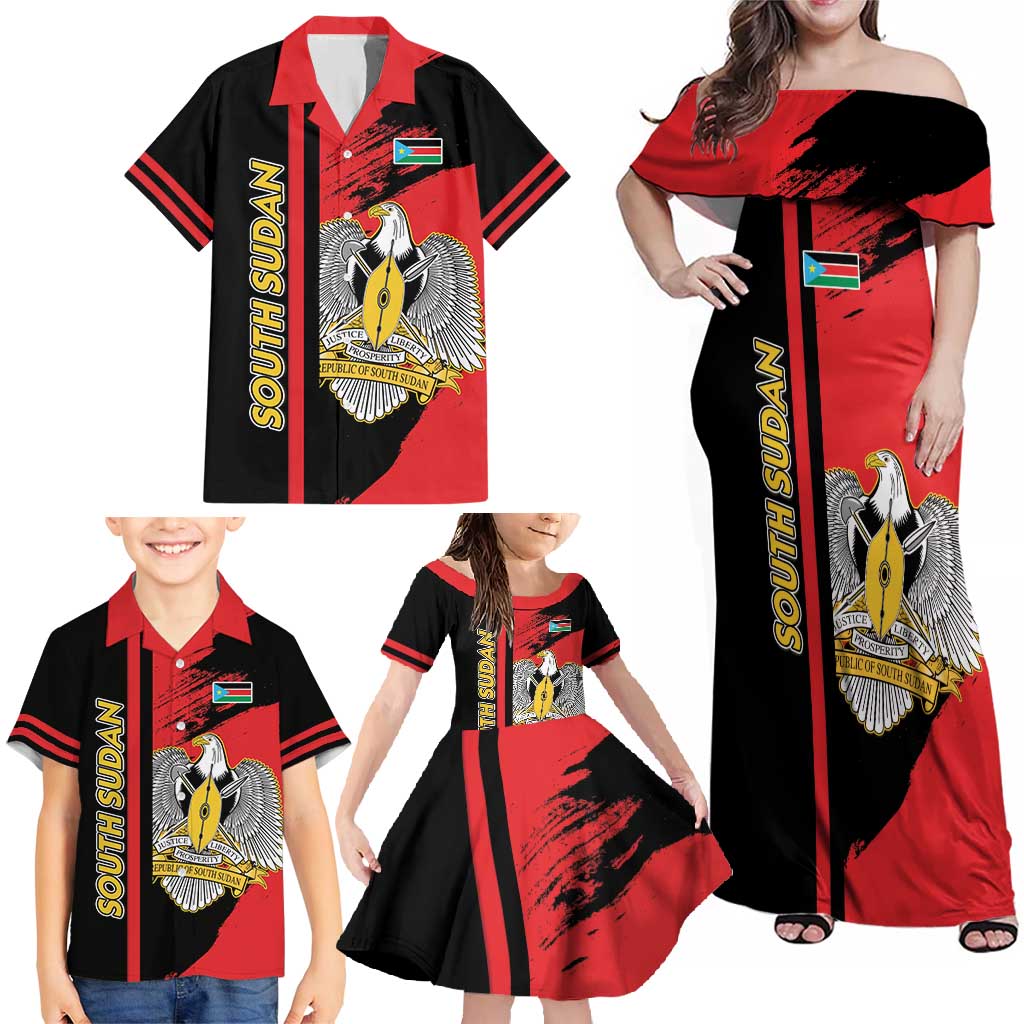 Personalized South Sudan Family Matching Off Shoulder Maxi Dress and Hawaiian Shirt Coat Of Arms - Sporty Style