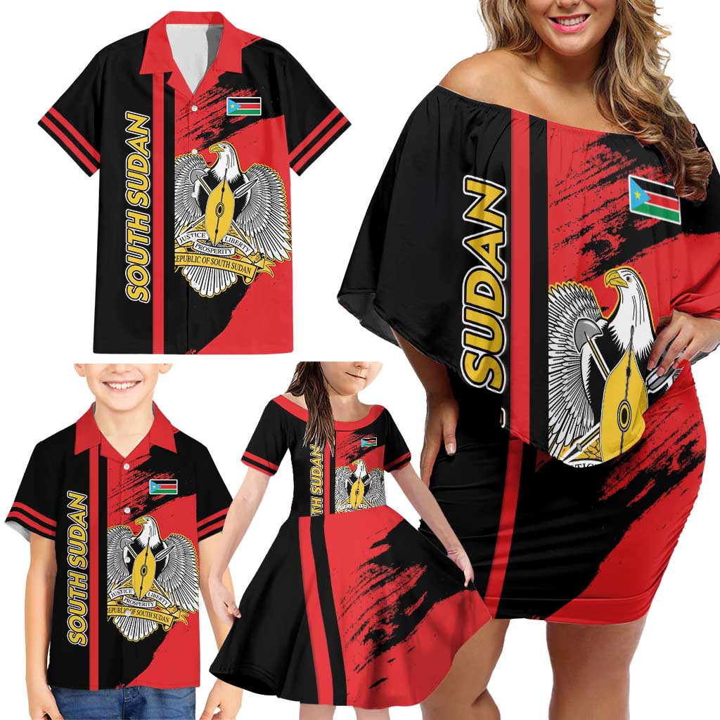 Personalized South Sudan Family Matching Off Shoulder Short Dress and Hawaiian Shirt Coat Of Arms - Sporty Style