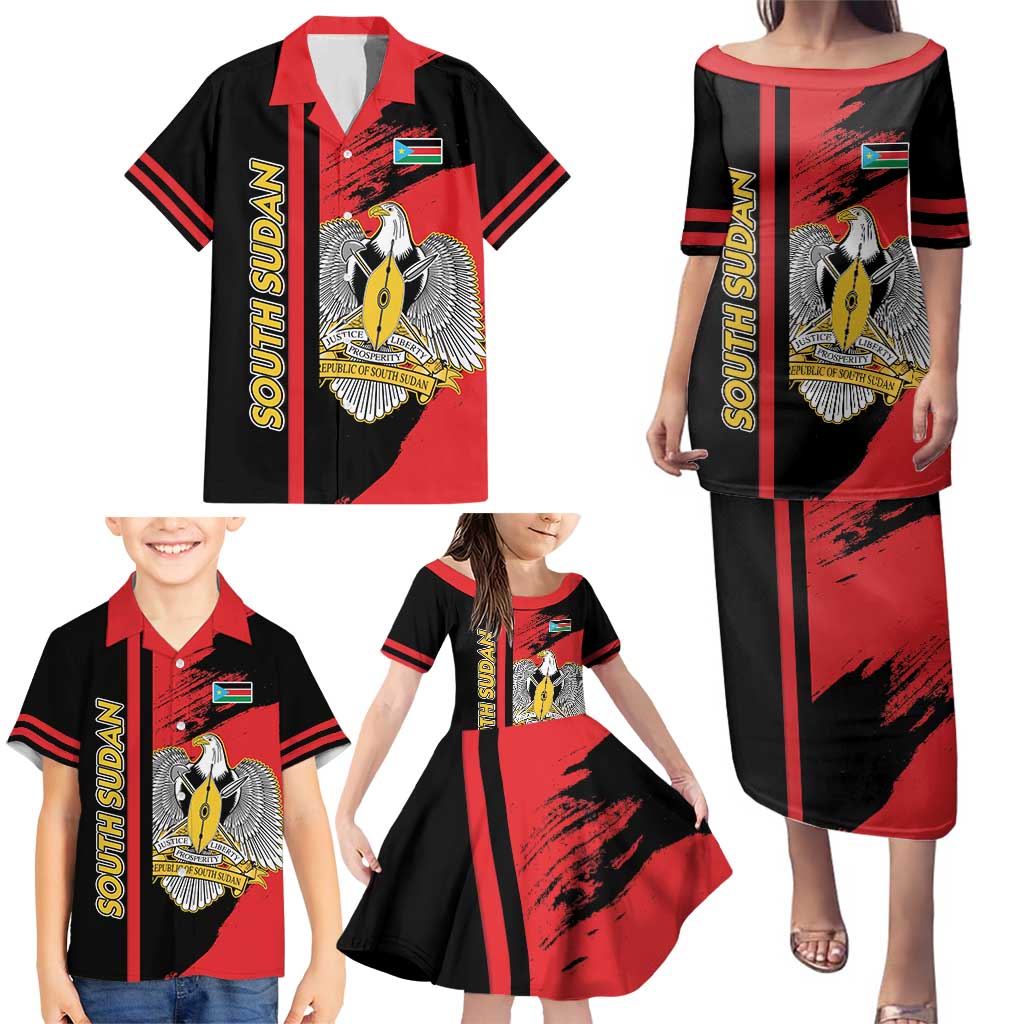 Personalized South Sudan Family Matching Puletasi and Hawaiian Shirt Coat Of Arms - Sporty Style