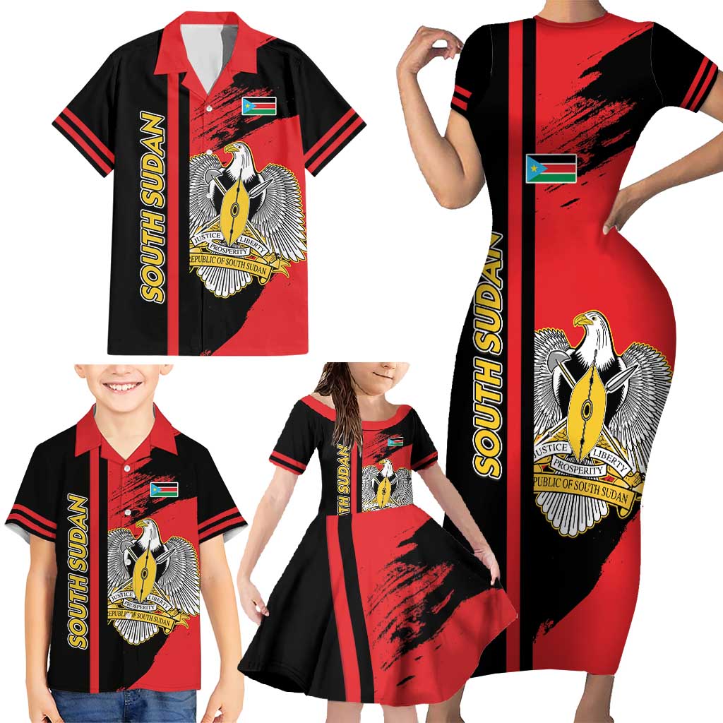 Personalized South Sudan Family Matching Short Sleeve Bodycon Dress and Hawaiian Shirt Coat Of Arms - Sporty Style