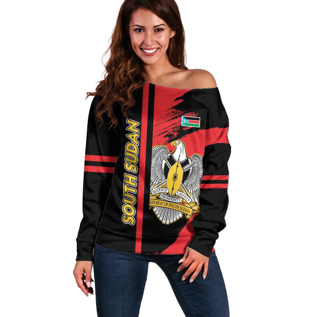 Personalized South Sudan Off Shoulder Sweater Coat Of Arms - Sporty Style