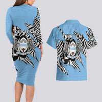 Personalized Botswana Couples Matching Long Sleeve Bodycon Dress and Hawaiian Shirt Coat Of Arms With Map - African and Zebra Patterns