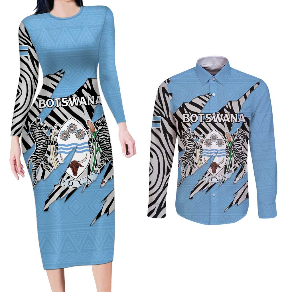 Personalized Botswana Couples Matching Long Sleeve Bodycon Dress and Long Sleeve Button Shirt Coat Of Arms With Map - African and Zebra Patterns