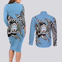 Personalized Botswana Couples Matching Long Sleeve Bodycon Dress and Long Sleeve Button Shirt Coat Of Arms With Map - African and Zebra Patterns