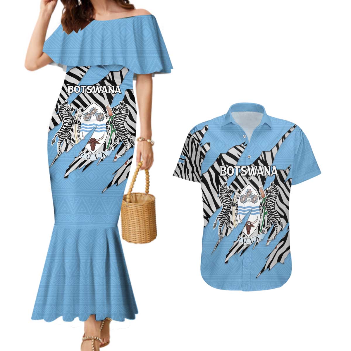 Personalized Botswana Couples Matching Mermaid Dress and Hawaiian Shirt Coat Of Arms With Map - African and Zebra Patterns