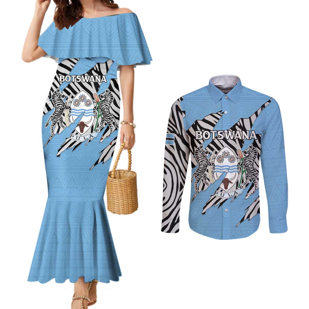 Personalized Botswana Couples Matching Mermaid Dress and Long Sleeve Button Shirt Coat Of Arms With Map - African and Zebra Patterns