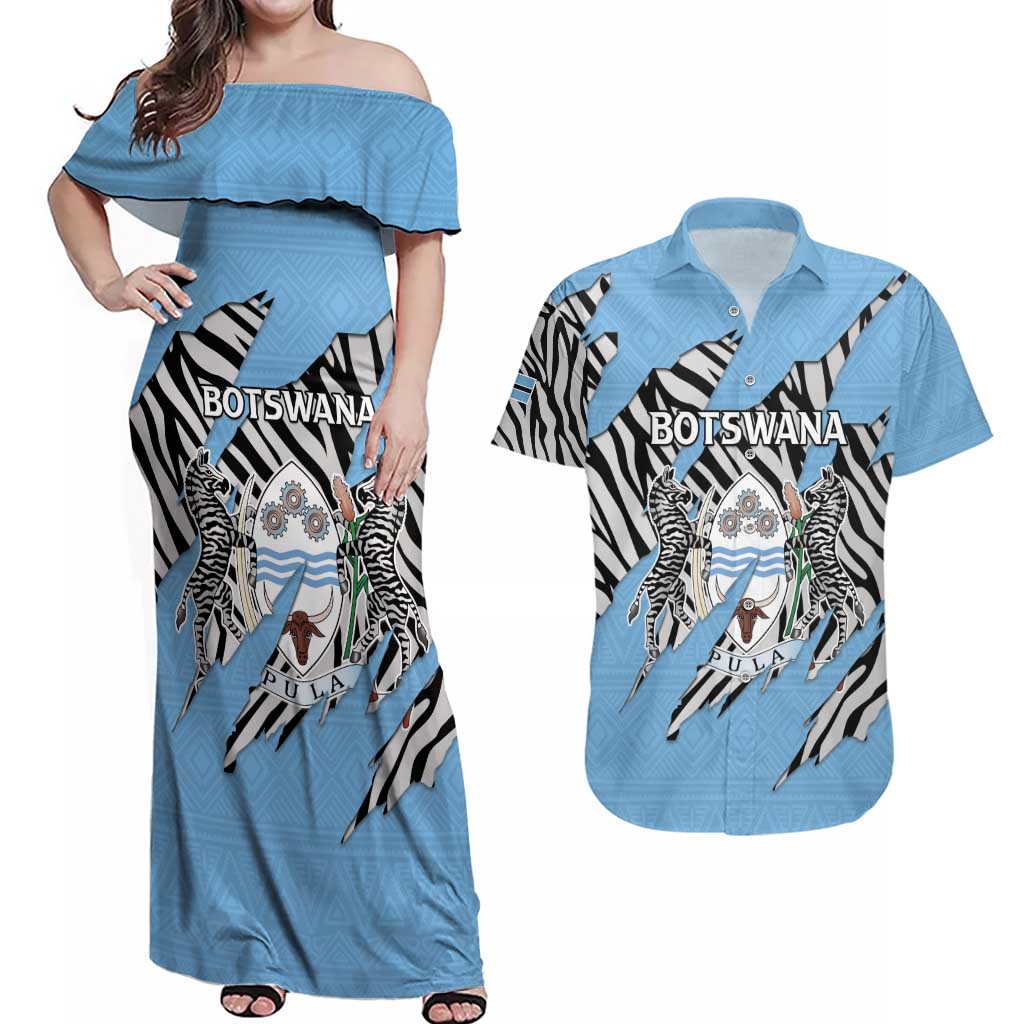 Personalized Botswana Couples Matching Off Shoulder Maxi Dress and Hawaiian Shirt Coat Of Arms With Map - African and Zebra Patterns