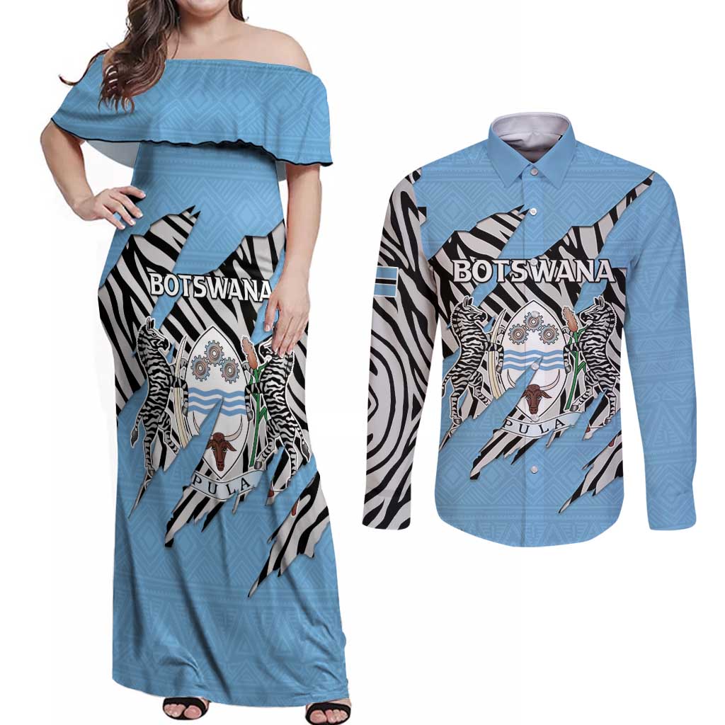 Personalized Botswana Couples Matching Off Shoulder Maxi Dress and Long Sleeve Button Shirt Coat Of Arms With Map - African and Zebra Patterns