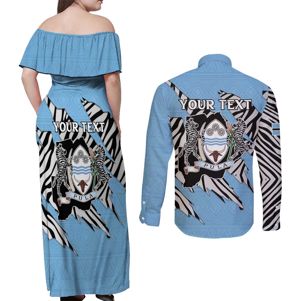 Personalized Botswana Couples Matching Off Shoulder Maxi Dress and Long Sleeve Button Shirt Coat Of Arms With Map - African and Zebra Patterns